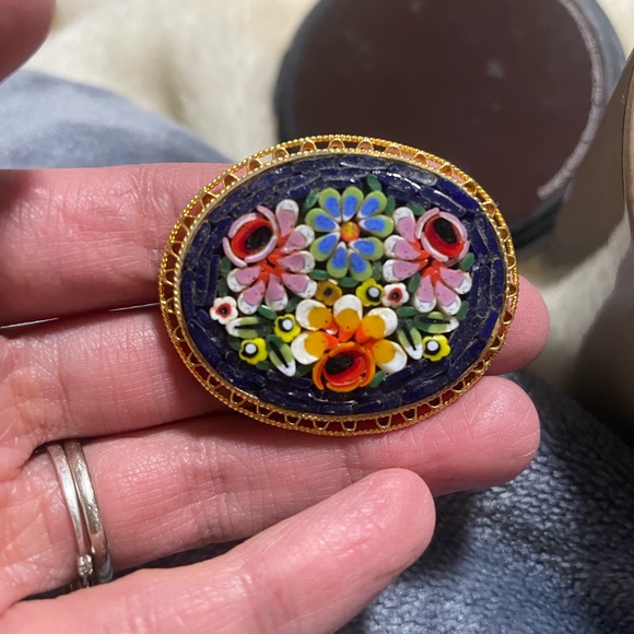 Antique Jewelry - Floral Mosaic Brooch with Gold Accents